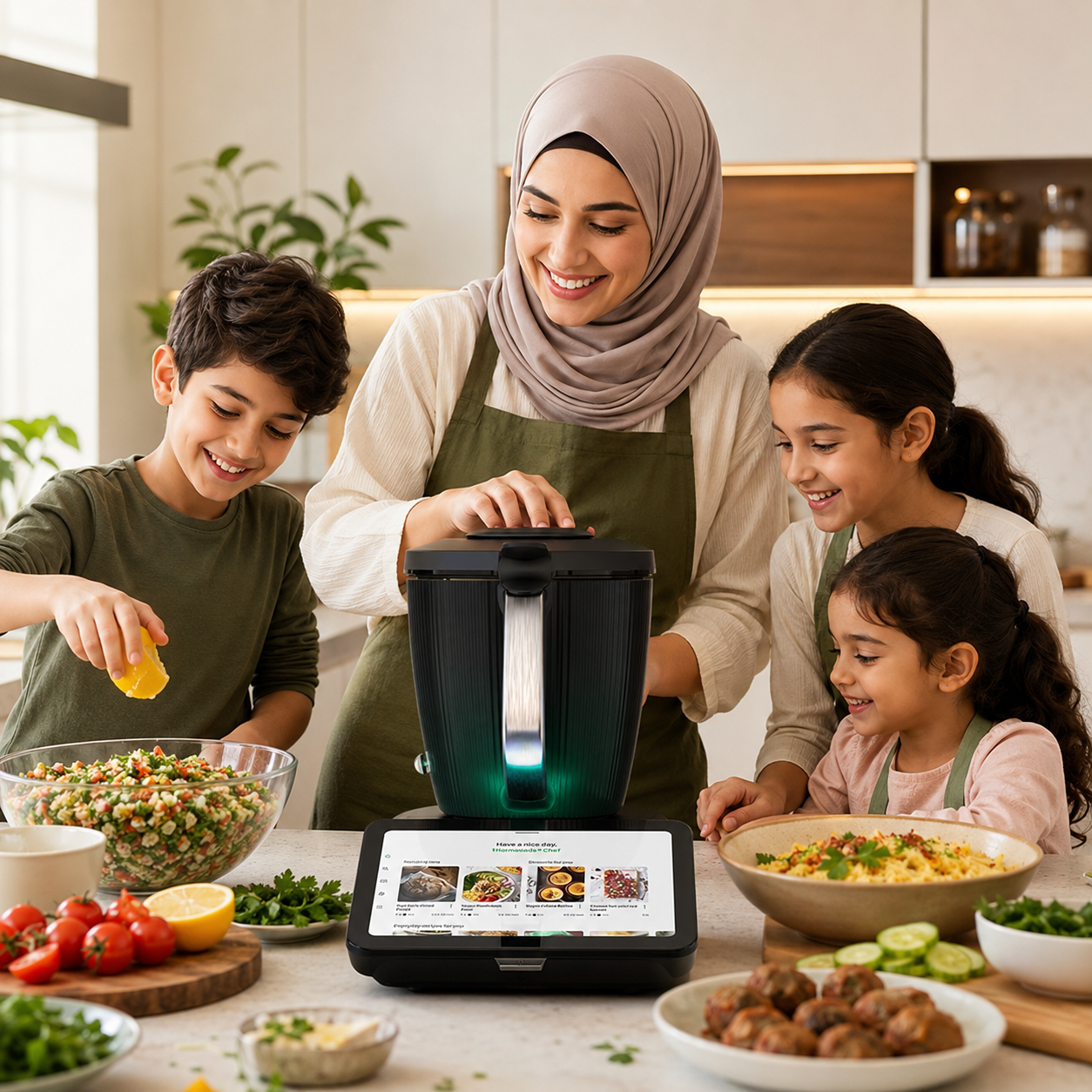 A mother and her three children cooking together at the kitchen counter